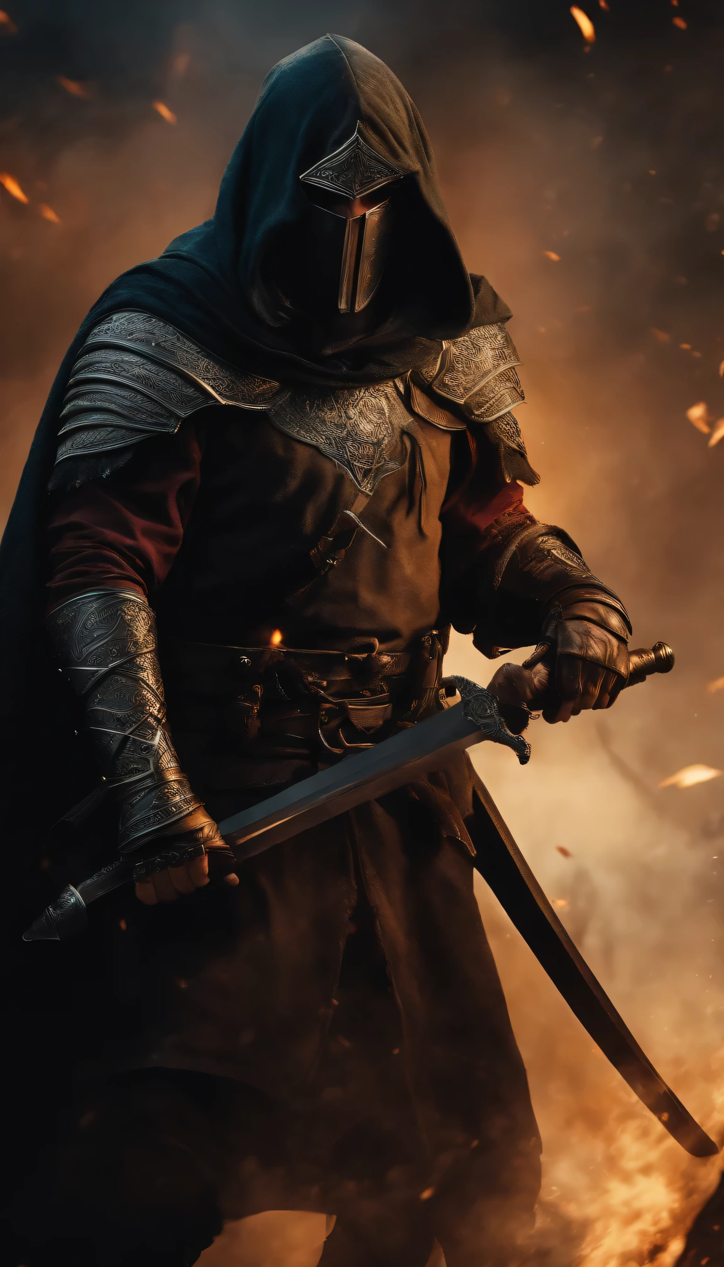Realistic, 4k, Anjos com asas grandes, roupas pretas, uma espada, Hood on head in war background image (caos)