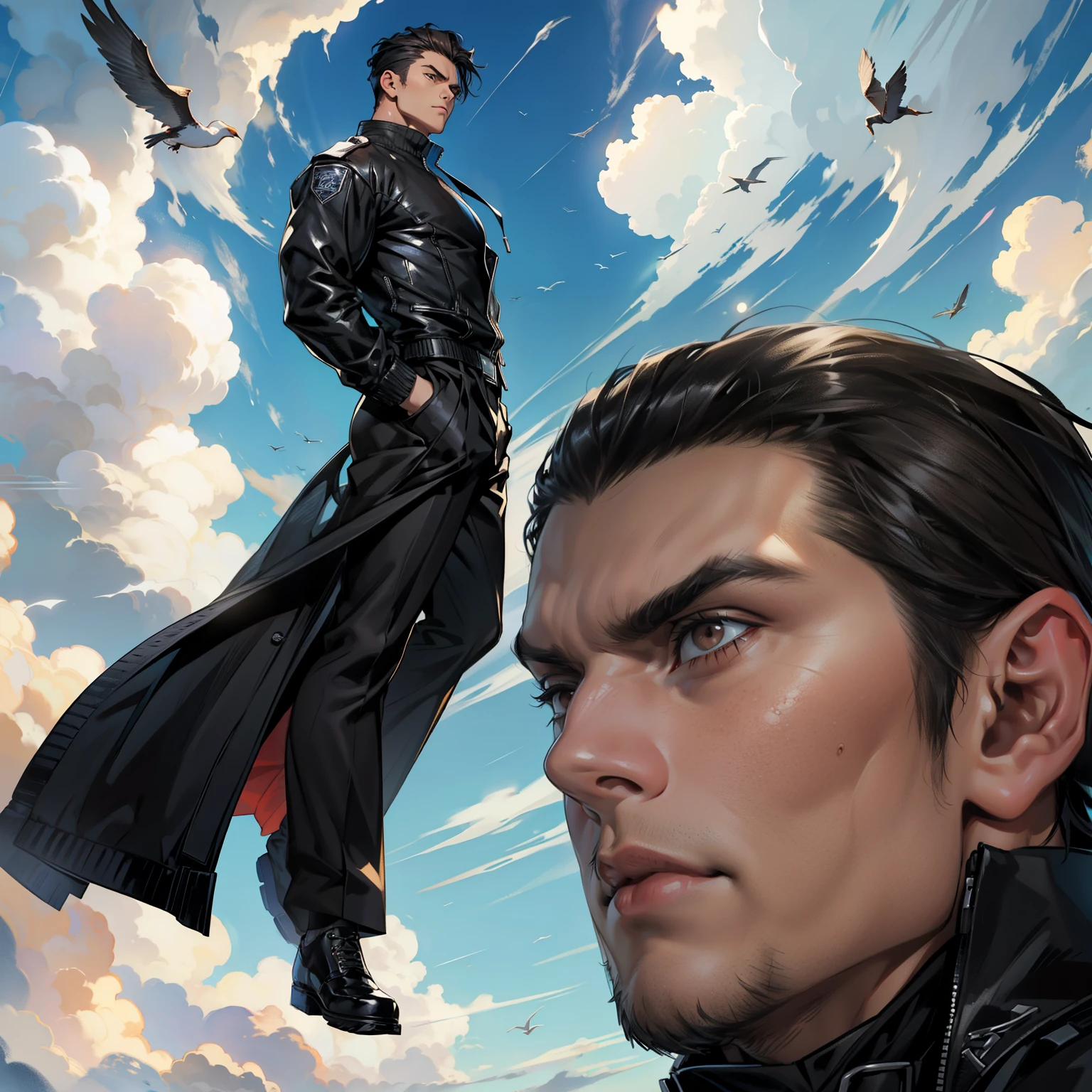 boys 26 Years old, Serious face, brown eyes, ((muscular)), black hair, wearing long lather high neck jacket, black trousers, Black Oxford shoes, ((hands behind his back)), levitates on sky, sky, cloud