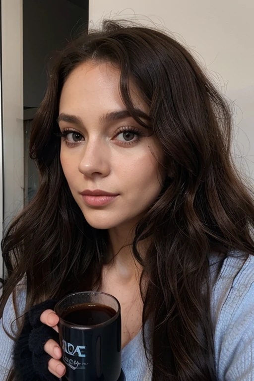 femme de 29 ans, long brown slightly curly hair, yeux bleus, visage parfait, professional makeup like model, C et portant un haut noir , drinking coffee