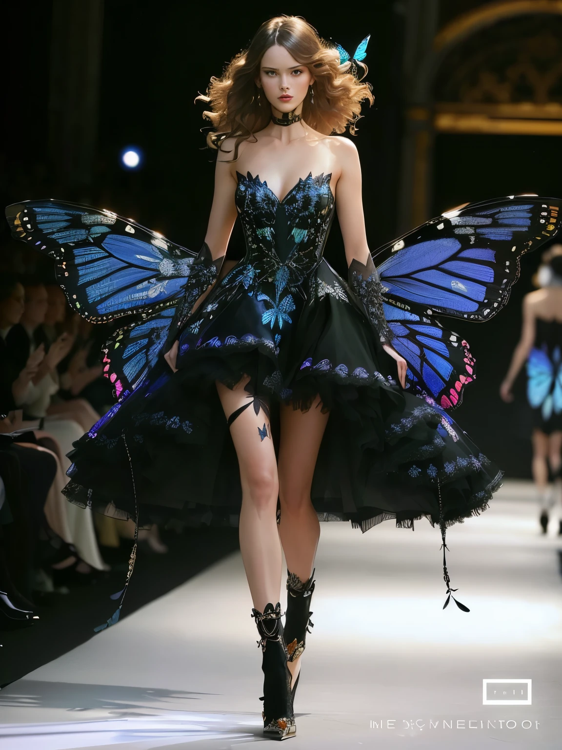 A lady wearing a butterfly dress walks on the catwalk, High-end fashion, Butterfly wings, !Alexander McQueen&#39;s work, With beautiful transparent blue wings, ruffled wings, Exquisite and handsome wings，Silver hair and delicate face。