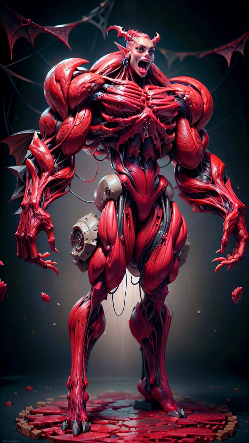 Character description: (1 girl), (cara delevingne:1.25), (beautiful girl face:1.25), (muscular succubus demoness), (carnage skinless physique:1.25), (huge gigantic wings & horns:1.25), (undead skinless succubus:1.25), (covered in red necrotic rotting skinless muscle:1.25), (exposed muscular anatomy:1.25), (large demonic claws:1.25). Character pose: Standing with legs closed, Arms spread apart, Wings spread out, (Whole body pose), Front View. Character expression: psychotic laughter, sharp teeth, beautiful cute girl face, red eyes, scary and horrific. Scene description: anatomic tech world morph, hellish landscape, Hellraiser like atmosphere. Scene Quality: (8k, RAW photo, photorealistic:1.25).