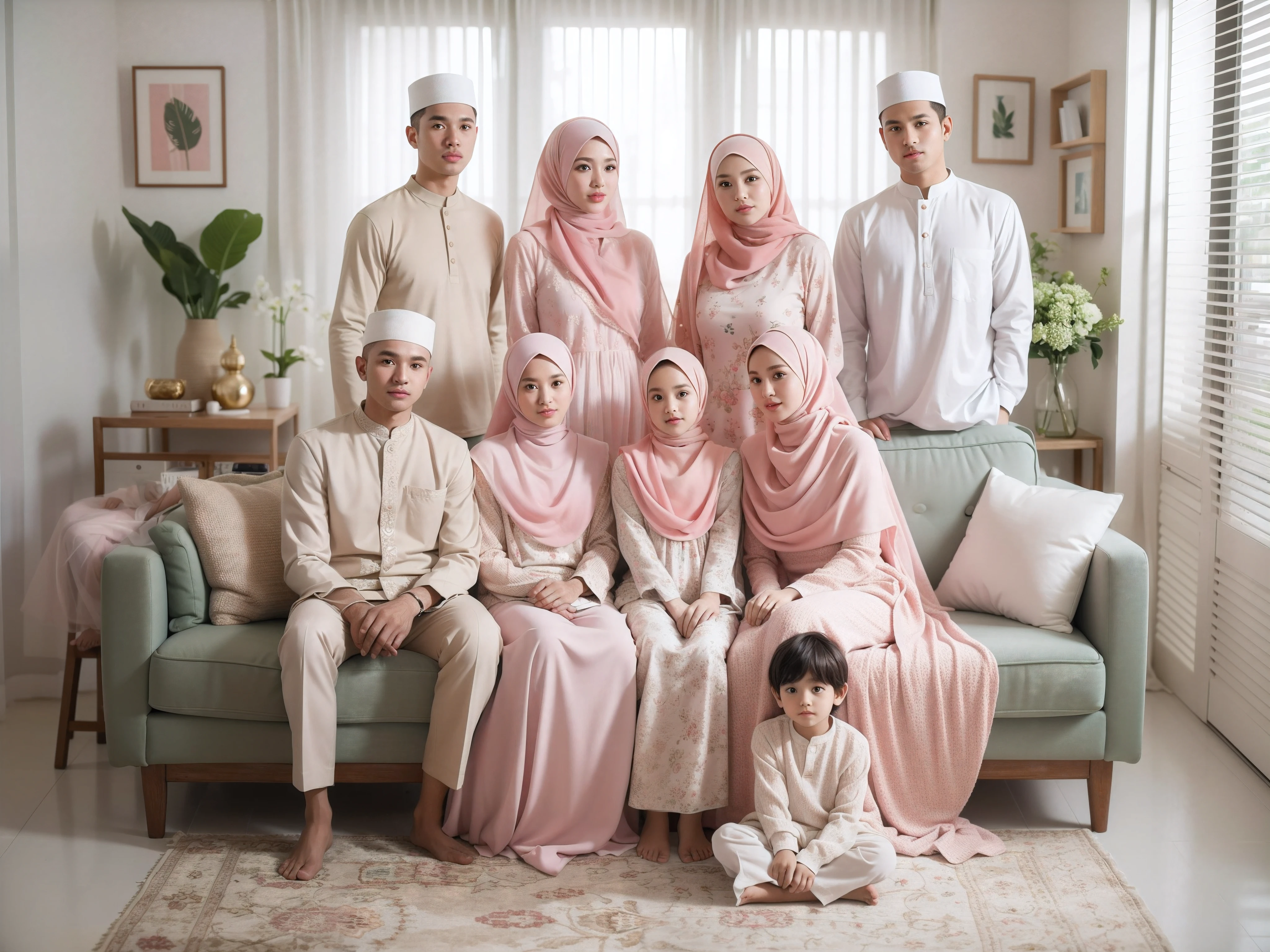 Family photo in Indonesia, nine members, father and mother aged 50 sitting on the sofa with a 17-year-old girl and a 10-year-old girl (wearing a hijab), and a 5-year-old boy, two adult men and 2 adult women standing behind the sofa, they are wearing matching Malay Muslim clothes and luxurious white sharia dresses (soft pink hijab) that are coordinated, realistic photo, ultra HD, minimalist living room background, green flower vase decoration, daylight lighting, bright colors, 32k