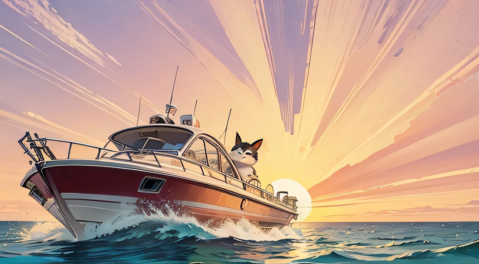 cartoonish, cool tom cat in sunglasses driving a speedboat as the sun sets with magical golden orange and pink rays radiation in the sky, in happy fun vibe