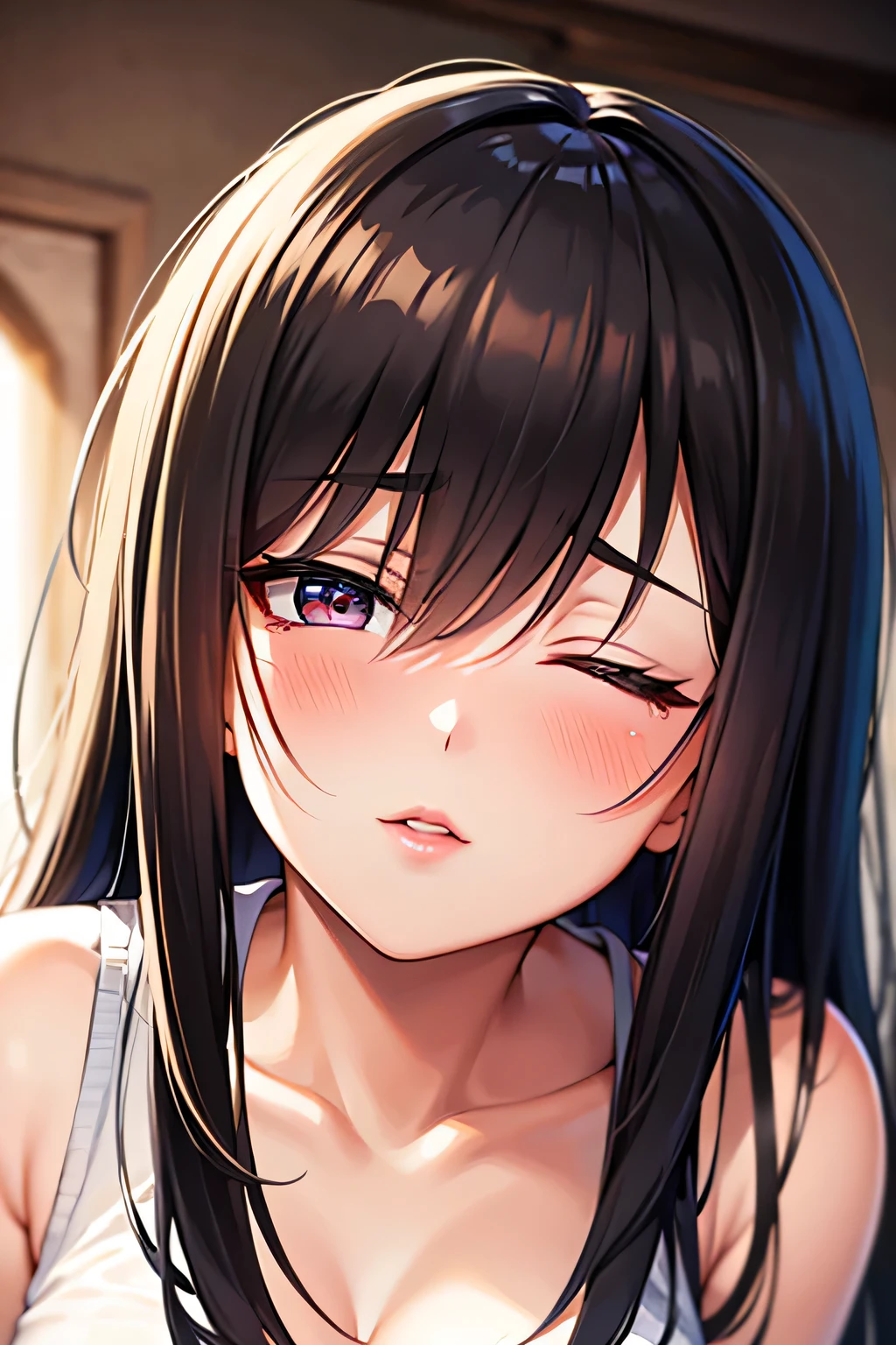 Amazing portrait of a sexy and cute woman with a beautiful face with black brown long straight hair and weak eyes while blushing intensely and her lips are parted being ready to kiss wearing a long oversized white shirt