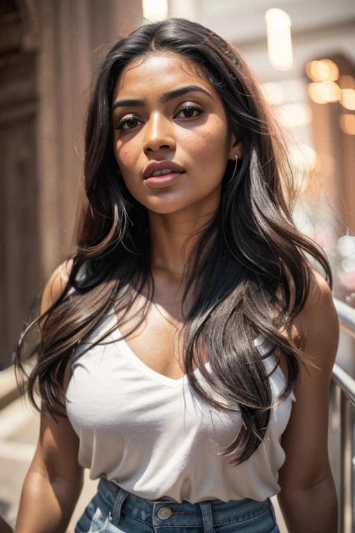Close-up de uma linda jovem morena latina pes no chau com longos cabelos pretos, rosto oval e olhos castanhos escuros, vestindo uma blusa de malha canelada justa e shorts jeans justos, parado em um canteiro de obras de casa, lindamente iluminado, dramatic composition, epic scale, feeling of admiration, ultra-high resolution.Fotorrealista:.1.4, (pele altamente detalhada:1.2), 8k HD, dslr, alta qualidade, film grain, Fujifilm XT3