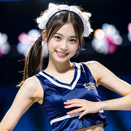 photo realistic, a girl in cheerleader costume, 10 yo, petit, pretty face, slim body, small breast:1.8, flat chest:1.8, low twin tail hair, smile, Double teeth, extra detailed Face, extra detailed Eyes, symmetrical eyes, eye contact, blush, break, Bright lighting, diagonal standing pose:2.0, low angle:2.0, from below:2.0, full body shot from knee:1.8, slim thigh:2.0,
