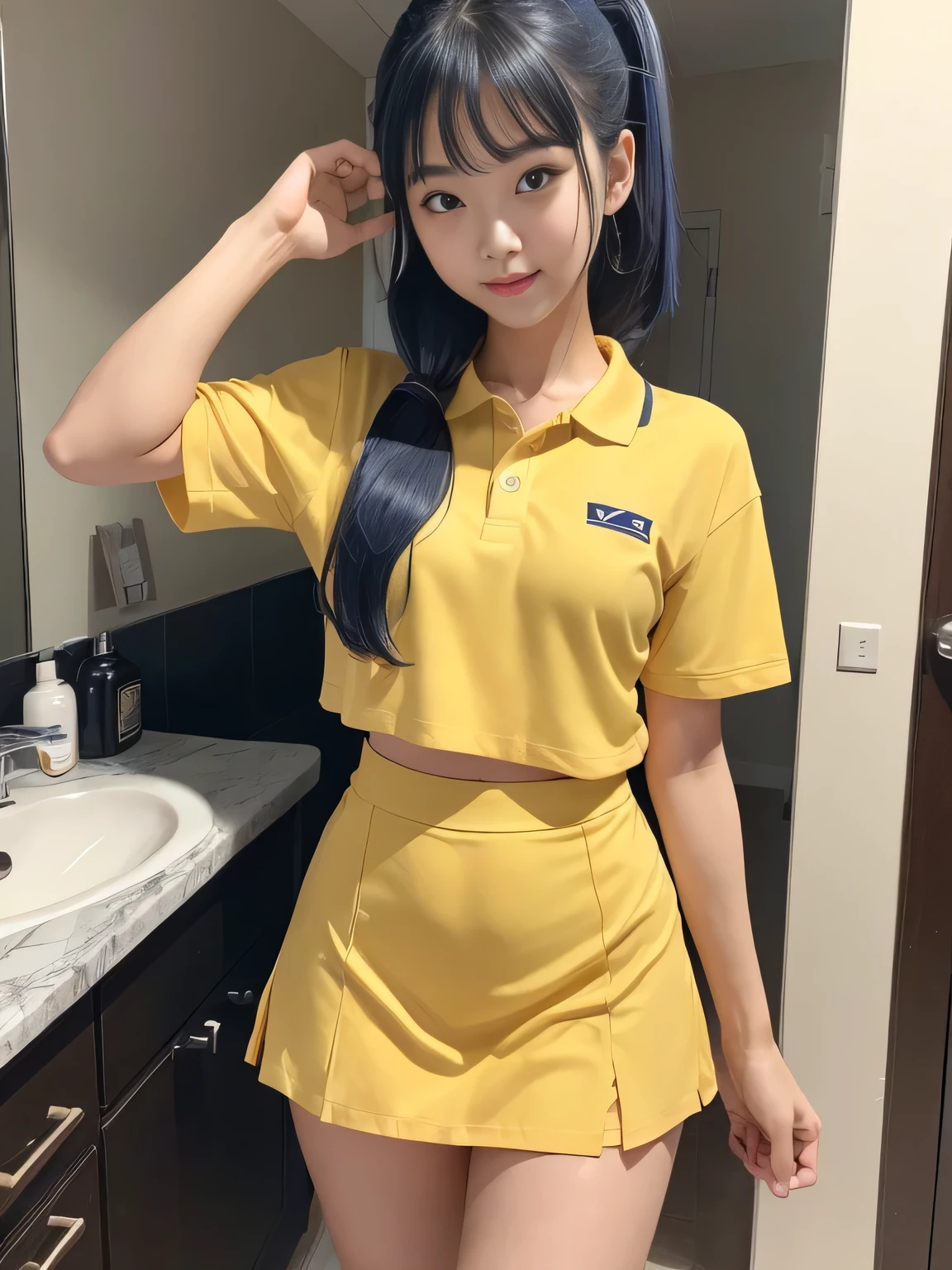 one person、one person、 Yellow polo shirt and navy blue mini skirt、Putting on lipstick in front of the mirror、16-year-old high school girl、victory、Tsundere、smile、Saucy、Blue Hair、ponytail、small、Slim girl model photo、body:Female Model、Japanese female fashion model、(8K、Raw photo、Best image quality、masterpiece:1.2)、(Genuine、photoGenuineistic:1.37)、Ultra-high resolution、Ultra-high resolution、Standing position、whole body、((((sexy)))、In town、Shapely small breasts