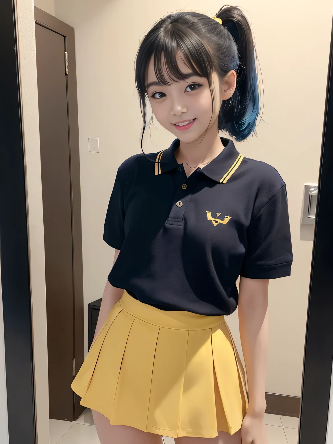 one person、one person、 Yellow polo shirt and navy blue mini skirt、Putting on lipstick in front of the mirror、16-year-old high school girl、victory、Tsundere、smile、Saucy、Blue Hair、ponytail、small、Slim girl model photo、body:Female Model、Japanese female fashion model、(8K、Raw photo、Best image quality、masterpiece:1.2)、(Genuine、photoGenuineistic:1.37)、Ultra-high resolution、Ultra-high resolution、Standing position、whole body、((((sexy)))、In town、Shapely small breasts