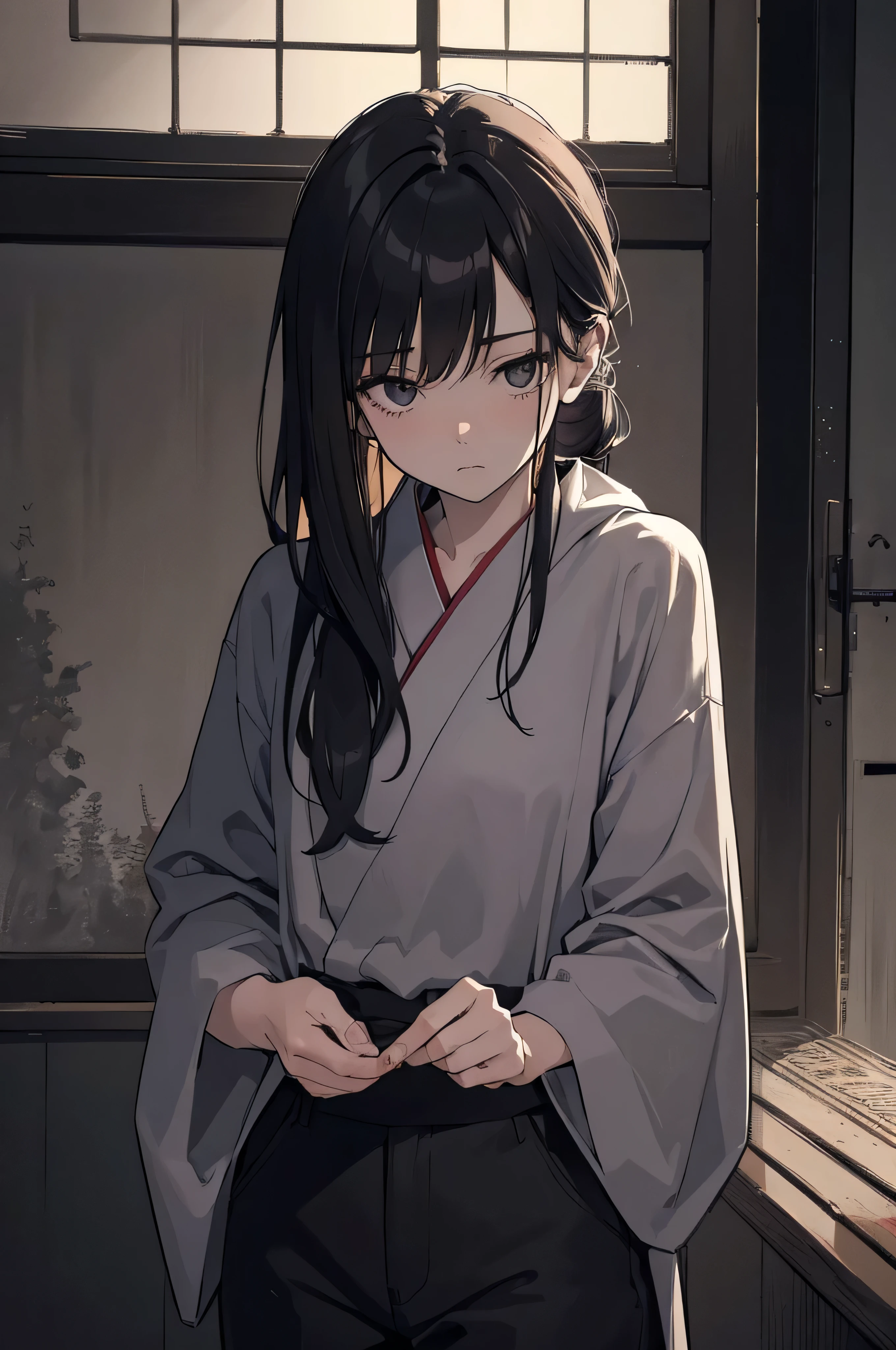 An eerie period Japan woman stands confidently in the foreground, with the grunge aesthetic enhancing her mysterious presence. Behind her, eerie moorlands create a haunting backdrop, adding to the thriller aesthetic. Her moody expression and confident demeanor exude an aura of arrogance. She wears a sarashi, emphasizing her nonchalant attitude, paired with baggy pants. Her hair is untamed, styled in a messy ponytail, further accentuating her carefree nature. The artwork, produced with the highest quality and attention to detail (best quality, 4k, highres:1.2), showcases ultra-detailed features, capturing the realism of the scene. The professional composition and vivid colors bring the painting to life, while the bokeh effect highlights the subject against the eerie moorlands. Lastly, studio lighting is used to enhance the overall atmosphere, casting intriguing shadows across the woman's face and adding depth to the artwork. Art style: Tashio period Japan Color palette: Grunge aesthetic Lighting: Moody aesthetic
