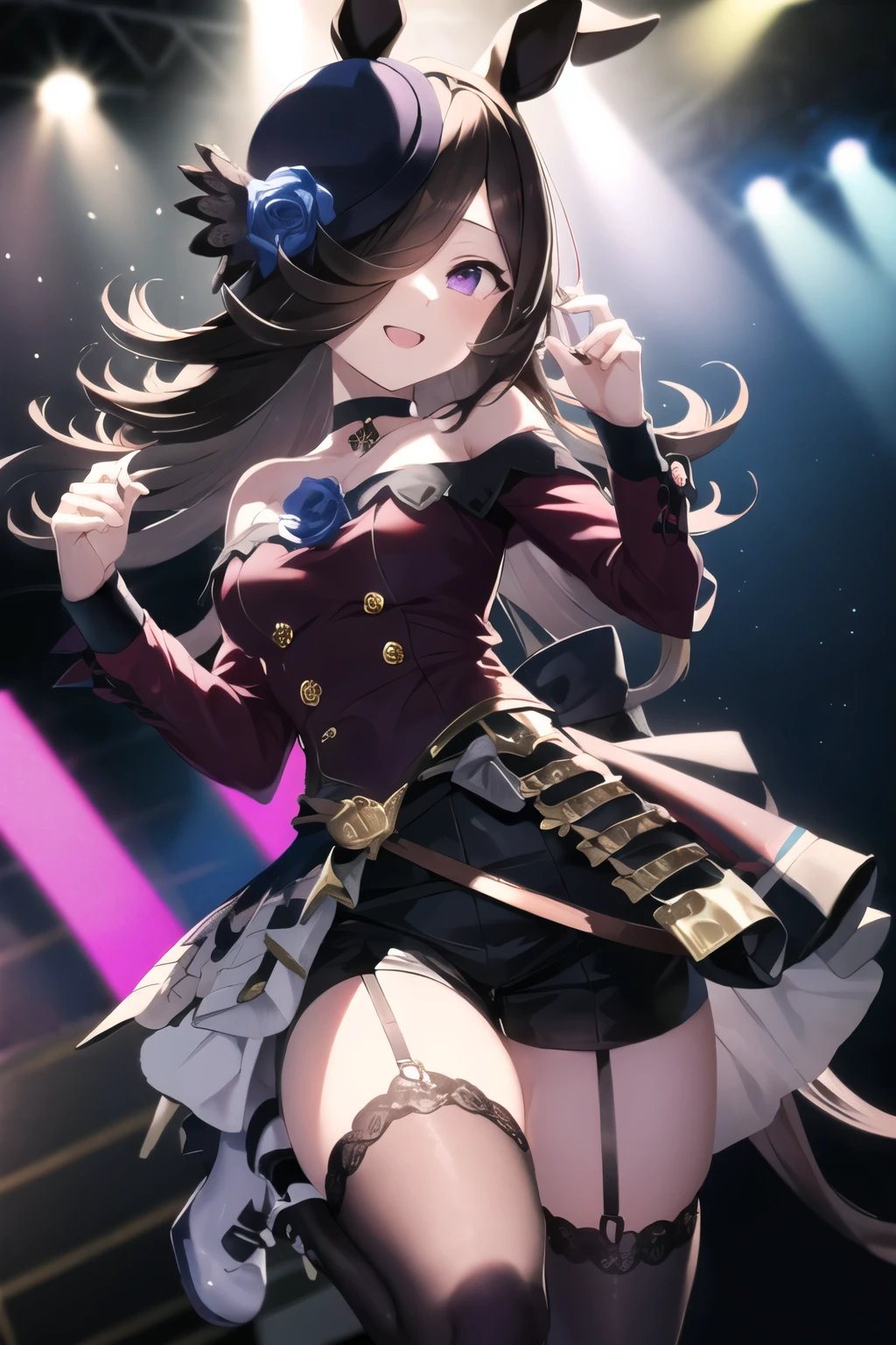 highest quality,masterpiece, High resolution,original, Beautiful fine details,Very detailed, Satono Diamond \(umamusume\), One girl, alone, (The beginning of the future), choker, Red shorts, Short shorts, Long sleeve, Purple knee socks, White jacket, Best, Garter Straps, boots, White footwear, Wristband,shirt,White Skirt, Overskirt, High heels, View your viewers,  smile, stage, stage Lights, spot Light, Light
 