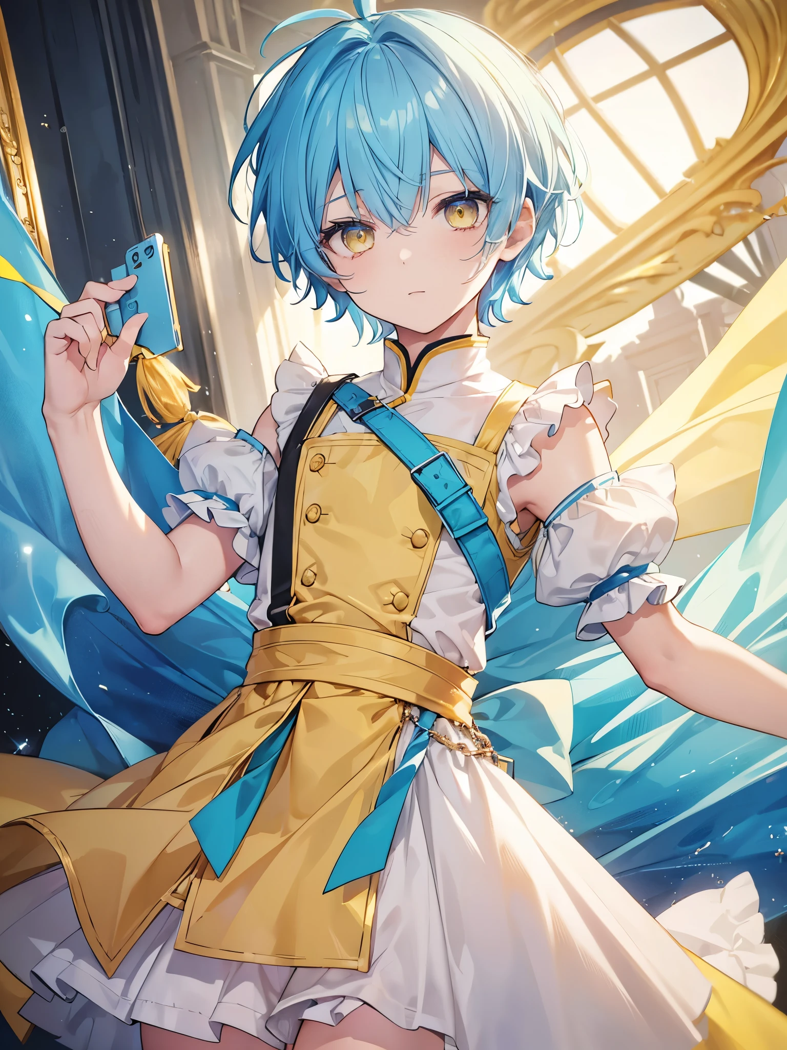 1boy, ((powderblue color hair)), ((beige yellow eyes)), idol costume, dress, ((barrack)), Armed shoulder strap, ((short hair))
