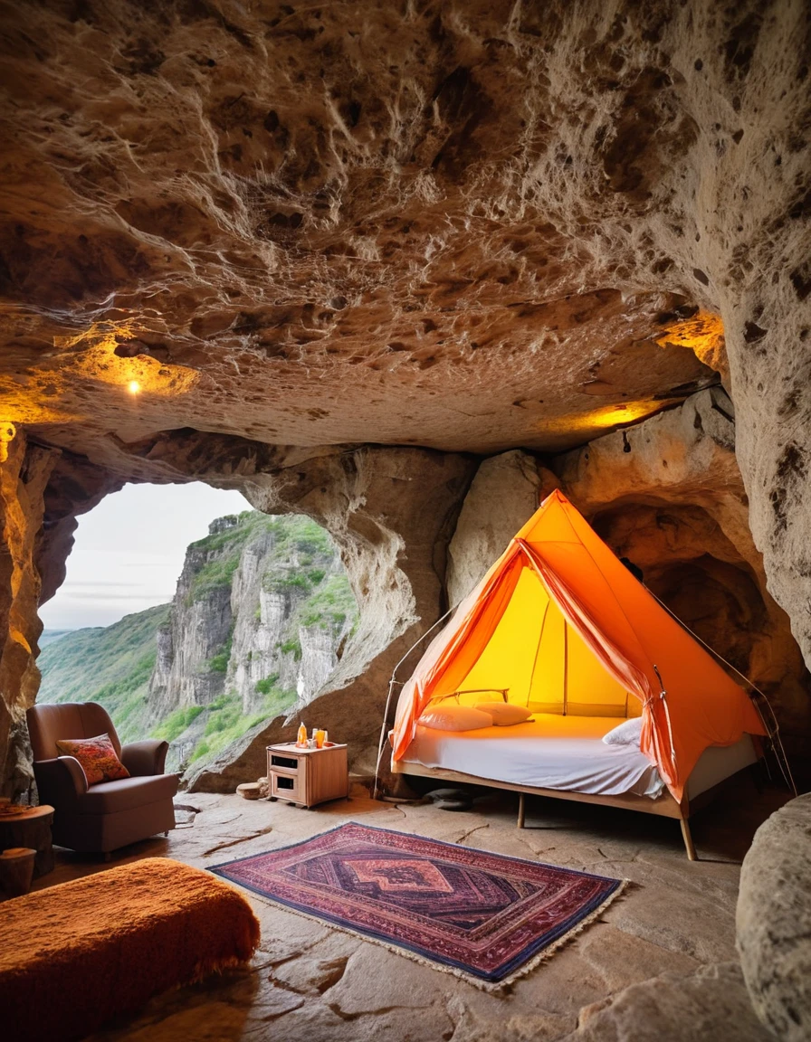 there is a tent set up on a rock ledge with a stove, cozy place, cave setting, cozy bathhouse hidden in a cave, interior of a tent, makeshift house, cliff side, dangerous cliffside, cave, tent architecture, inside of a cave, in a colorful tent, inside a cave, ancient cave, in a cave, glamping, sheltered.