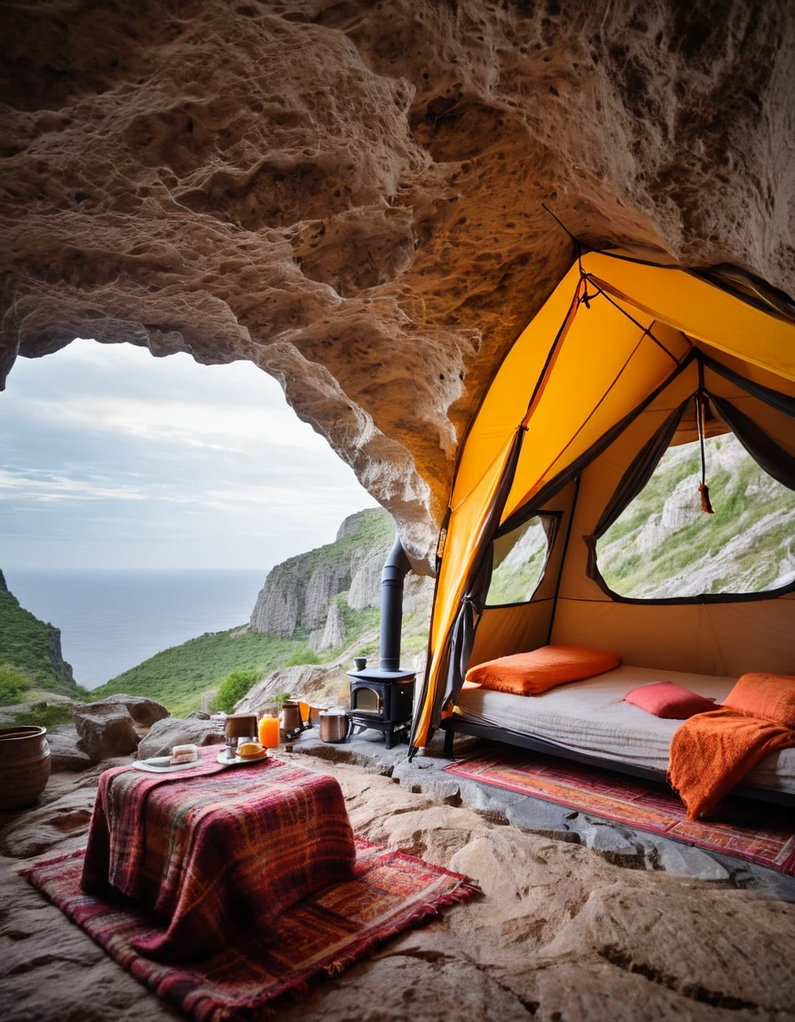 there is a tent set up on a rock ledge with a stove, cozy place, cave setting, cozy bathhouse hidden in a cave, interior of a tent, makeshift house, cliff side, dangerous cliffside, cave, tent architecture, inside of a cave, in a colorful tent, inside a cave, ancient cave, in a cave, glamping, sheltered.