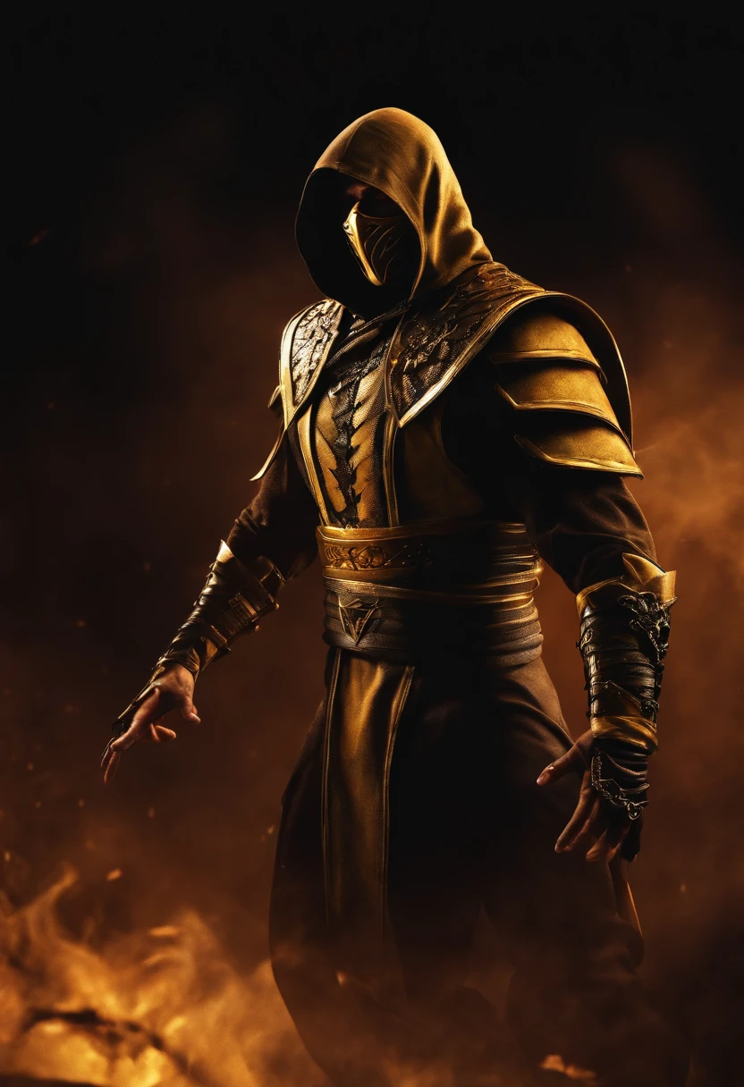 scorpion mortal kombat , gold warmor, chains, cape, all covered