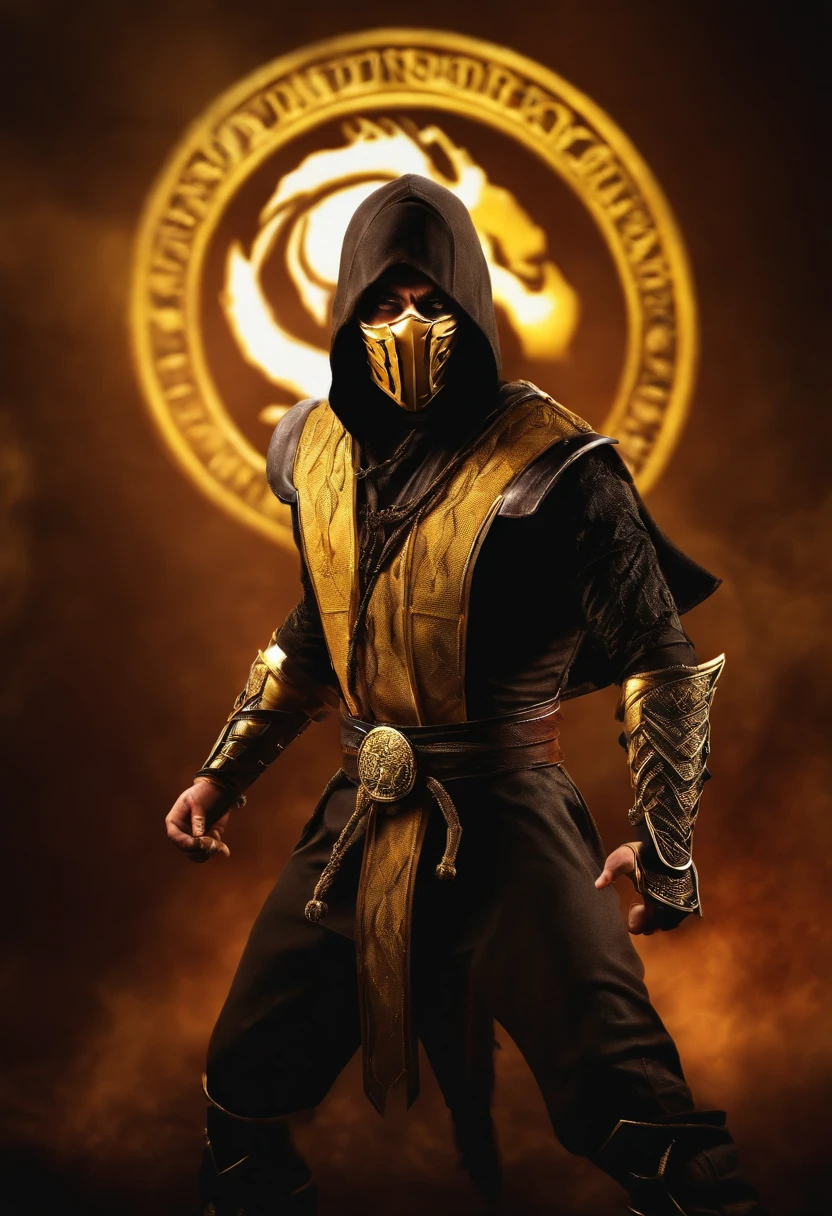 scorpion mortal kombat , gold warmor, chains, cape, all covered