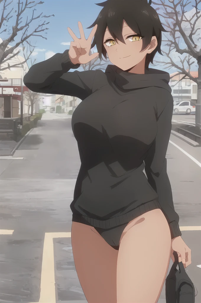 ((best quality)),((highly detailed)),masterpiece,absurdres,detailed face,beautiful face,(detailed eyes, deep eyes),(1girl),((dynamic pose)), 1girl, solo, sitting in front of the viewer, outside, cherry blossom leaves flowing in the air, Kurobe Natsumi, masterpiece, turtleneck sweater with pants, professional artwork, famous artwork, perfect face, black hair, (glowing yellow eyes:1), beautiful face, closed smile, ((perfect female body, narrow waist)), background city,peace sign, hoody suit