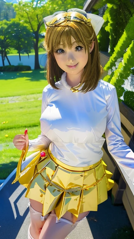 ((best quality)), ((muste piece)), (detailed face), (highlight), princess、Big breasts、blunt bangs、gold hair、gal make、combat uniform、skirt、