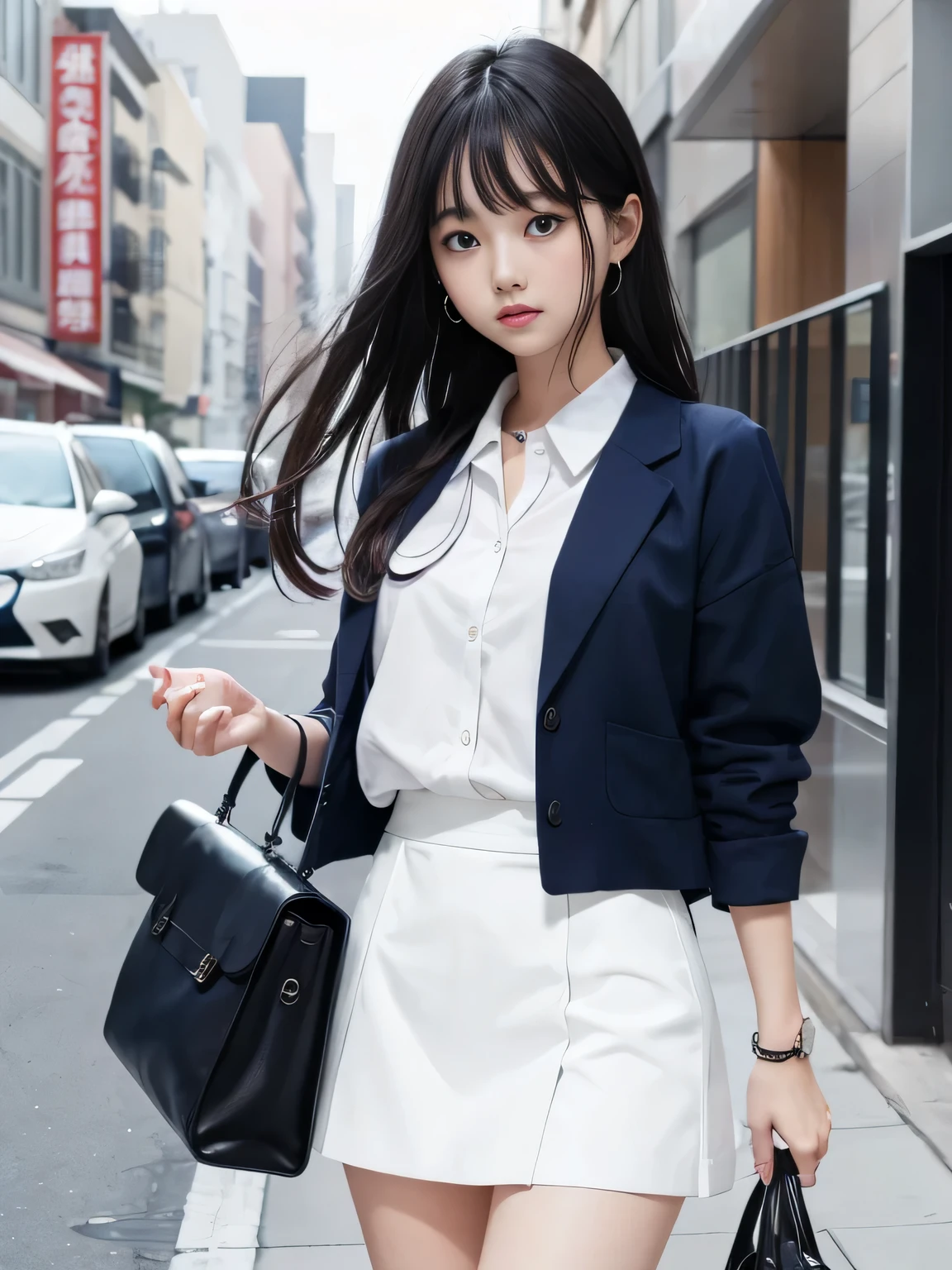 one person、one person、 A white open-front shirt and a navy blue miniskirt、I&#39;m shopping、17-year-old high school girl、victory、Tsundere、smile、Saucy、Blue Hair、ponytail、small、Slim girl model photo、body:Female Model、Japanese female fashion model、(8K、Raw photo、Best image quality、masterpiece:1.2)、(Genuine、photoGenuineistic:1.37)、Ultra-high resolution、Ultra-high resolution、Standing position、whole body、((((sexy)))、In town、Shapely small breasts