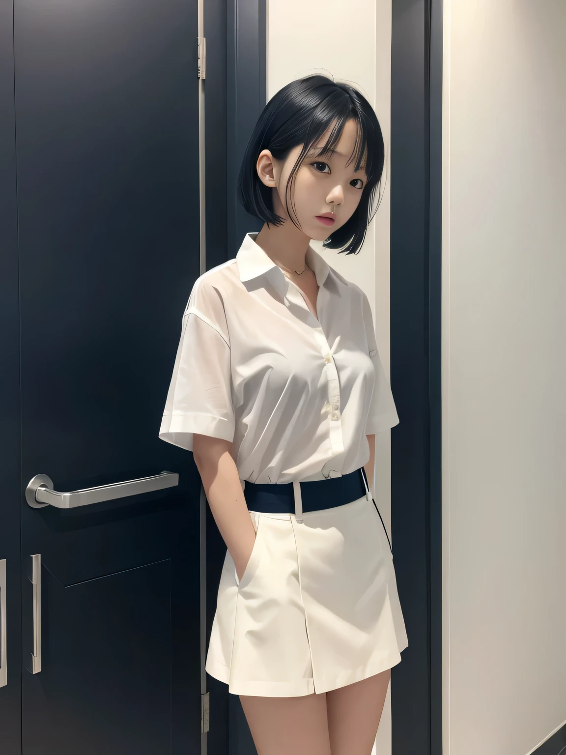 one person、one person、 A white open-front shirt and a navy blue miniskirt、I&#39;m shopping、17-year-old high school girl、victory、Tsundere、smile、Saucy、Blue Hair、ponytail、small、Slim girl model photo、body:Female Model、Japanese female fashion model、(8K、Raw photo、Best image quality、masterpiece:1.2)、(Genuine、photoGenuineistic:1.37)、Ultra-high resolution、Ultra-high resolution、Standing position、whole body、((((sexy)))、In town、Shapely small breasts