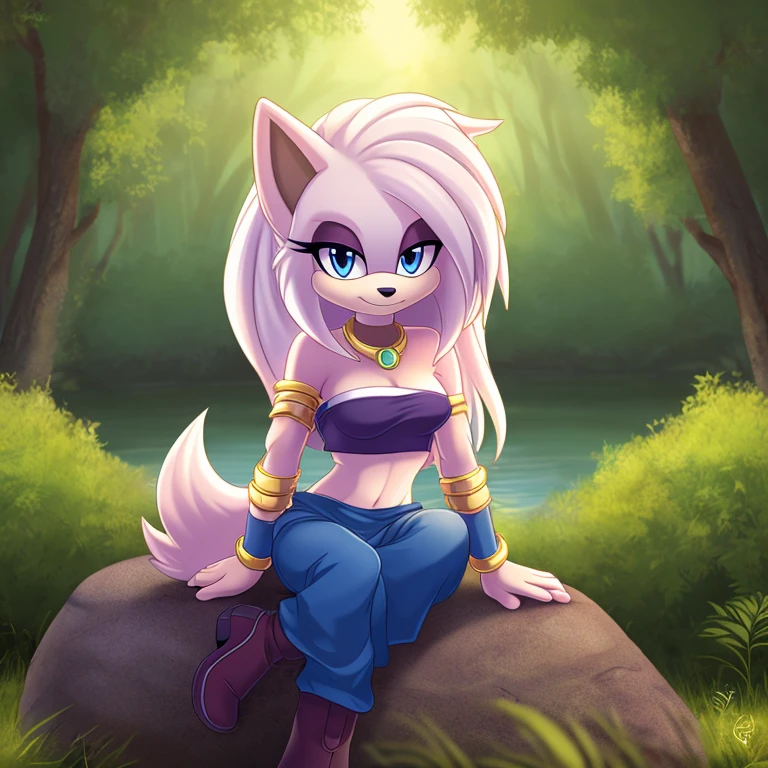 ((1girl)), ((solo)), female, mobian, Hedgehog, pink fur, furry, sitting crossed leg, sitting on a large rock, (Her attire is a black cropped low cut tube top, black arm sleeves with gold bracelets at the ends, black heeled boots, and white baggy pants)), (Majin Android 21 Cosplay), ((long white hair)), ((long hair)), ((Android 21 styled hair)), light blue eyes, hair bangs, looking at viewer, (background forest, river, best lighting), (best quality)