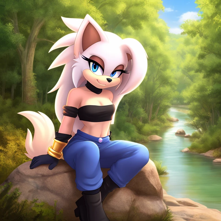 ((1girl)), ((solo)), female, mobian, Hedgehog, pink fur, furry, sitting crossed leg, sitting on a large rock, (Her attire is a black cropped low cut tube top, black arm sleeves with gold bracelets at the ends, black heeled boots, and white baggy pants)), (Majin Android 21 Cosplay), ((long white hair)), ((long hair)), ((Android 21 styled hair)), light blue eyes, hair bangs, looking at viewer, (background forest, river, best lighting), (best quality)