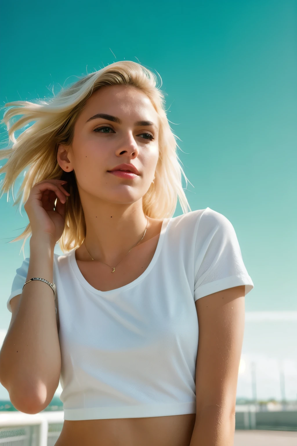 Photograph of a woman, (sympathetic expression on his face), ultra textured leather, goosebumps, White hair, slim build, nice T-shirt and panties, group profile, Formula 1 race track in Miami creates a feeling of comfort and wonder, perfect blue-green eyes, ((hard lighting:1.4)), color Velvia 100, shot on CineStill 800T, hips, sharp focus on the subject, photographed by Manuela Marques