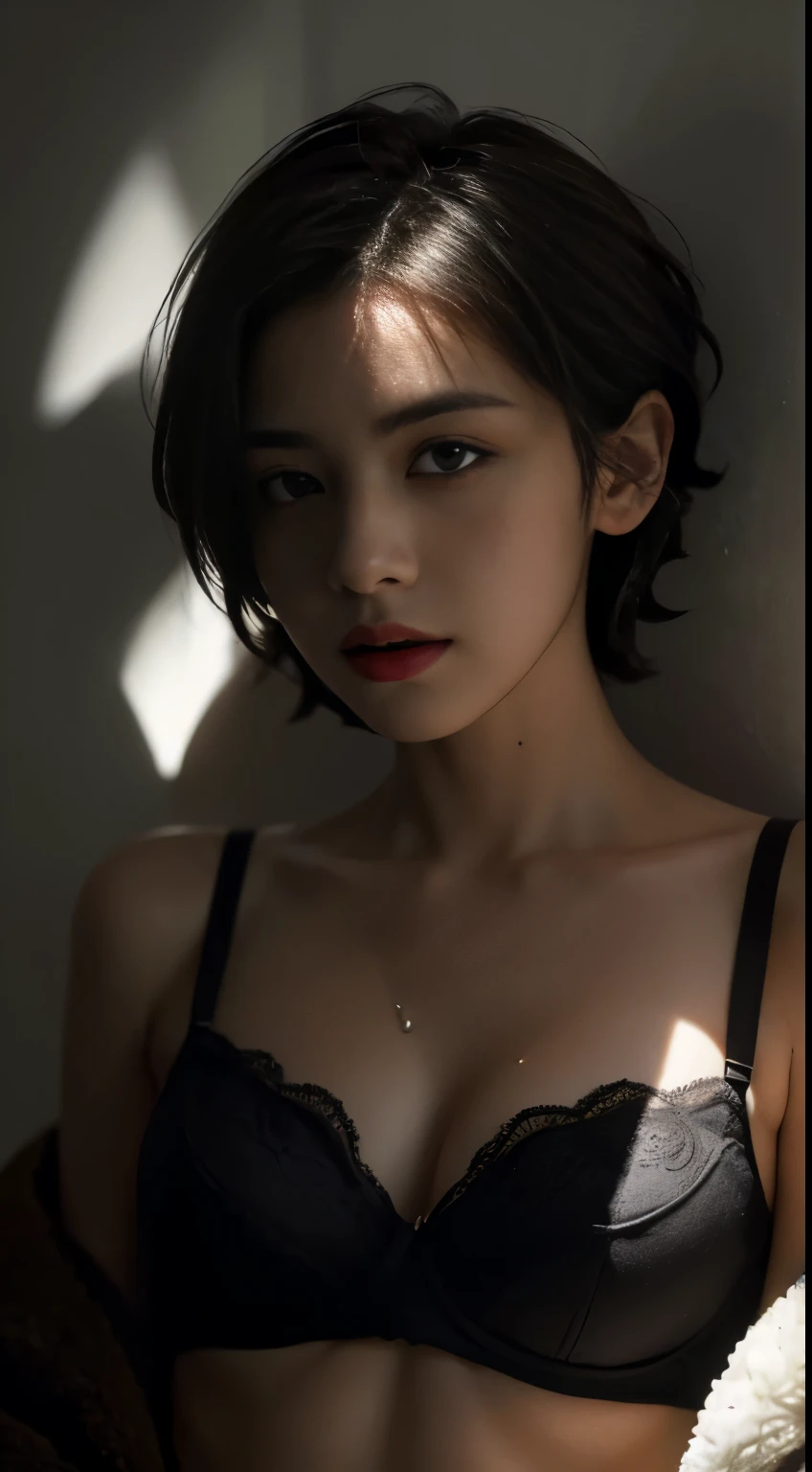 Best quality, masterpiece, ultra high res, (photorealistic:1.5), raw photo, 1girl, offshoulder, in the dark, deep shadow, low key, cold light, sexy look, short hair, smooth , simple bra , strap, leaf shadow, wet