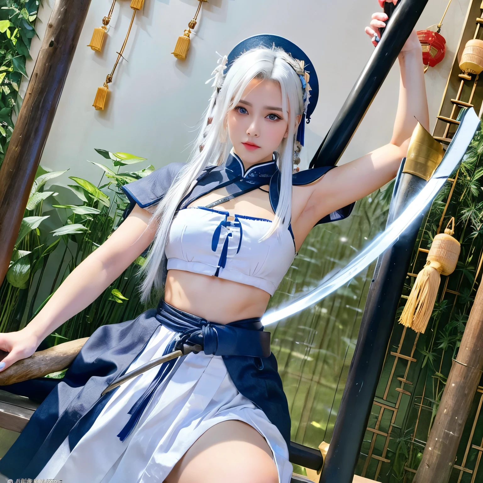A girl have a sexy body, White hair, blue eyes, wearing traditional Chinese swordplay and manhua drawings