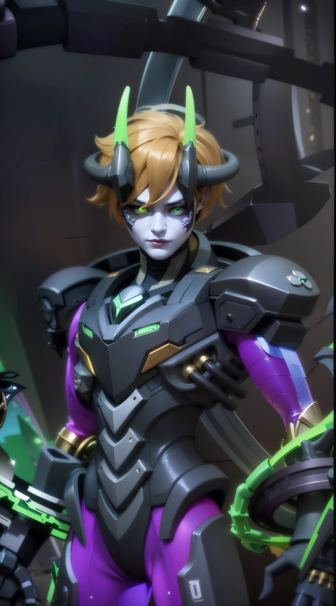 a close up of a person in a purple and green outfit, Masterpiece, ultra HD, detailed all picture, a close up of a devil, dyrroth from mobile legend, evil, extremely detailed artgerm, mobile legends character, inspired by Dyrroth, Six pack chest and abs, black jewel above the chest, light green eyes, glare.