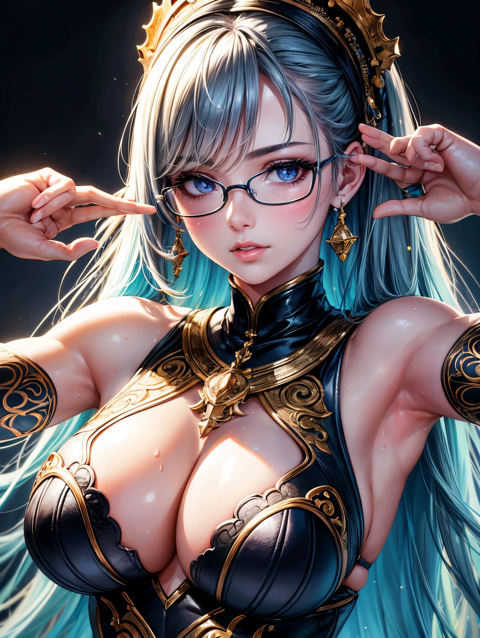 (highest quality, High resolution:1.2), One girl, Beautiful fine details, Beautiful lip detail, Highly detailed eyes and face, Long eyelashes, Moderate:oil, Vibrant colors, High resolution, Studio Lighting, Ultra-fine painting, Sharp focus, Physically Based Rendering, Very detailed explanation, Portraiture, Curved body, Big Breasts, Perfect Shape, Show your armpits, In-person audience, Sweaty, nice, Raise the hand, Half-body photo, Displayed in full frame, Sleeveless turtleneck, Glasses