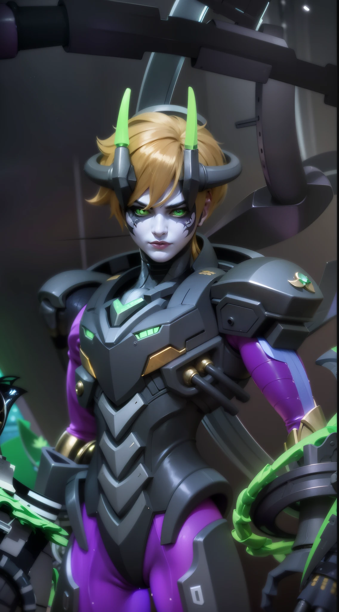 a close up of a person in a purple and green outfit, Masterpiece, ultra HD, detailed all picture, a close up of a devil, dyrroth from mobile legend, evil, extremely detailed artgerm, mobile legends character, inspired by Dyrroth, Six pack chest and abs, black jewel above the chest, light green eyes, glare.