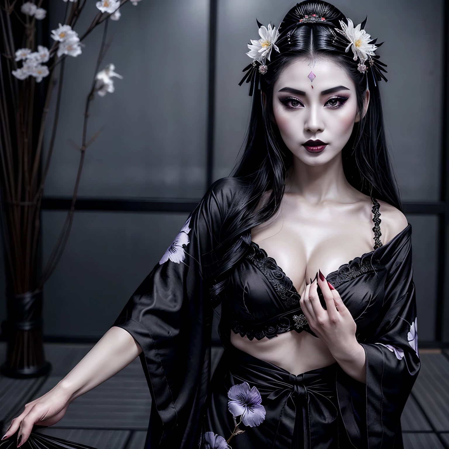 A hot gothic geisha, with long black hair, full lips (black lipstick), pale silky skin (makeup), wearing iris flowers in her hair, full breasts, wearing a low-cut black kimono with white flowers adorned, Japanese goddess of darkness, a beautiful empress of darkness, glamorous and sexy geisha of darkness, beautiful seductive tyrant princess.