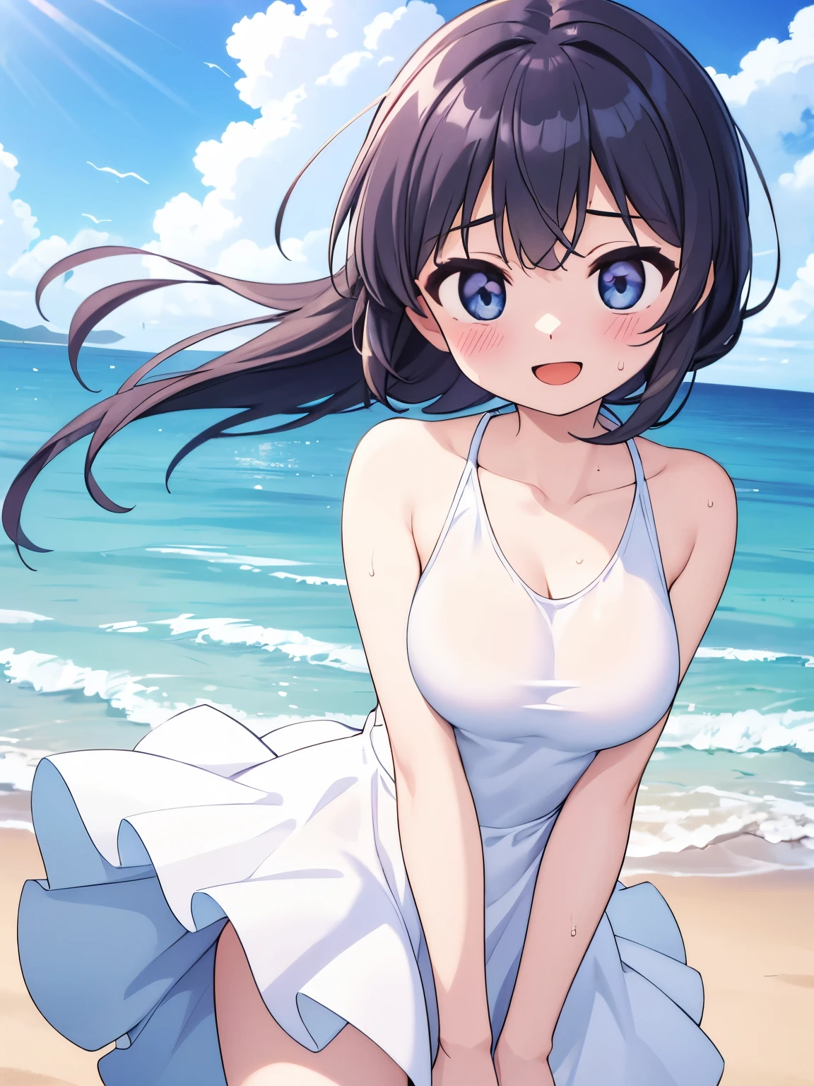 (8k, highest quality, masterpiece:1.2),High quality CG Unity 8k Large file size,Very detailed,High resolution,Beautiful Eyes,Ray Tracing,Dramatic Shadows,finely,Hyper Detail,(1 girl), anime, Perfect body, 

Black Hair, long hair, large breast, 
(White one piece dress, Sleeveless), clavicle, 
smile, open mouth, blush, Sweat, 

beach, Wind, cloud, 