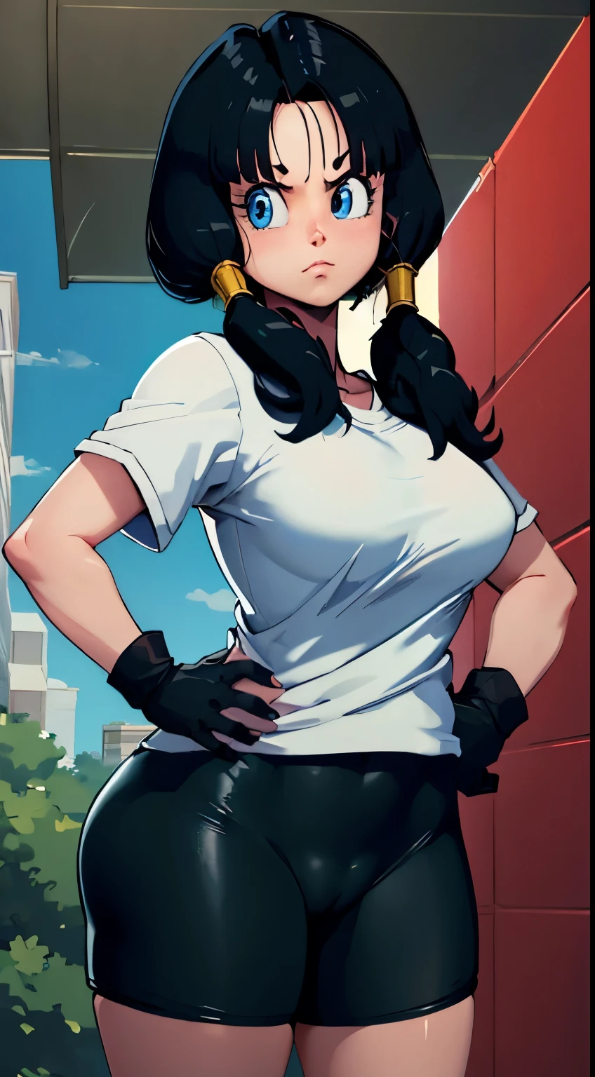 masterpiece, best quality, highres, videl2, solo, blue eyes, black hair, twintails, black gloves, bike_shorts, bangs, white shirt, badge, cowboy shot, frown, hand on hip, leaning forward, pointing at viewer,
