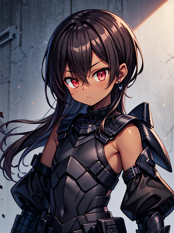Masterpiece High res, high definition, (((dark skin tone))),dark skin male, dark skin, cute shota,red eyes, black hairpin, brown hair, medium dark brown hair,wearing a black exoskeleton, detached sleeves, black armoured Gauntlets, black tech jacket, black bodysuit,black exoskeleton, black fingerless gloves, blue gems,