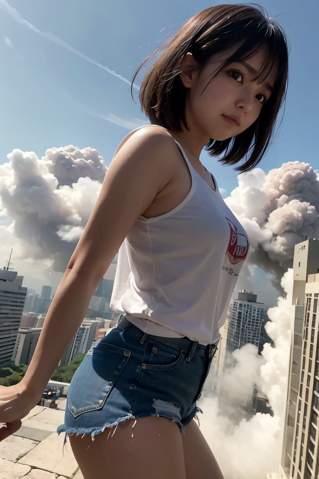 Giantess usando camisola branca, mini saia plissada,  GTS cidade, City buildings, smoke billowing, nuvem, Evil, realistic lighting, salto em altura, de baixo, aves voando,