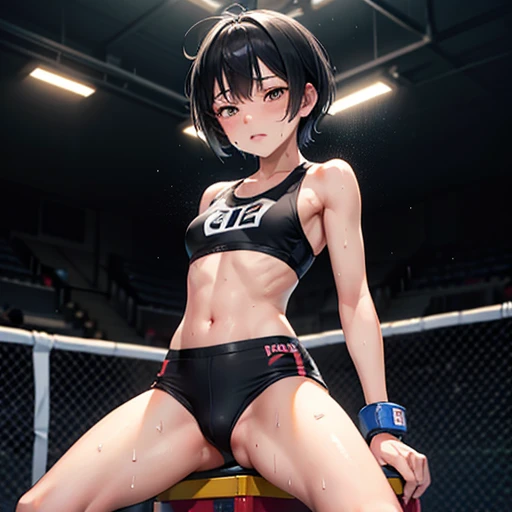 During a match in a women's mixed martial arts ring, interval, Cute Japanese high school girl with short cut black hair, back against corner post of ring, sitting on stool, eyes tightly closed, mouth wide open, out of breath, arms hanging down, very sweaty, soaked, out of stamina, slender body, poor body, small breasts sports bra, high leg shorts, open finger gloves