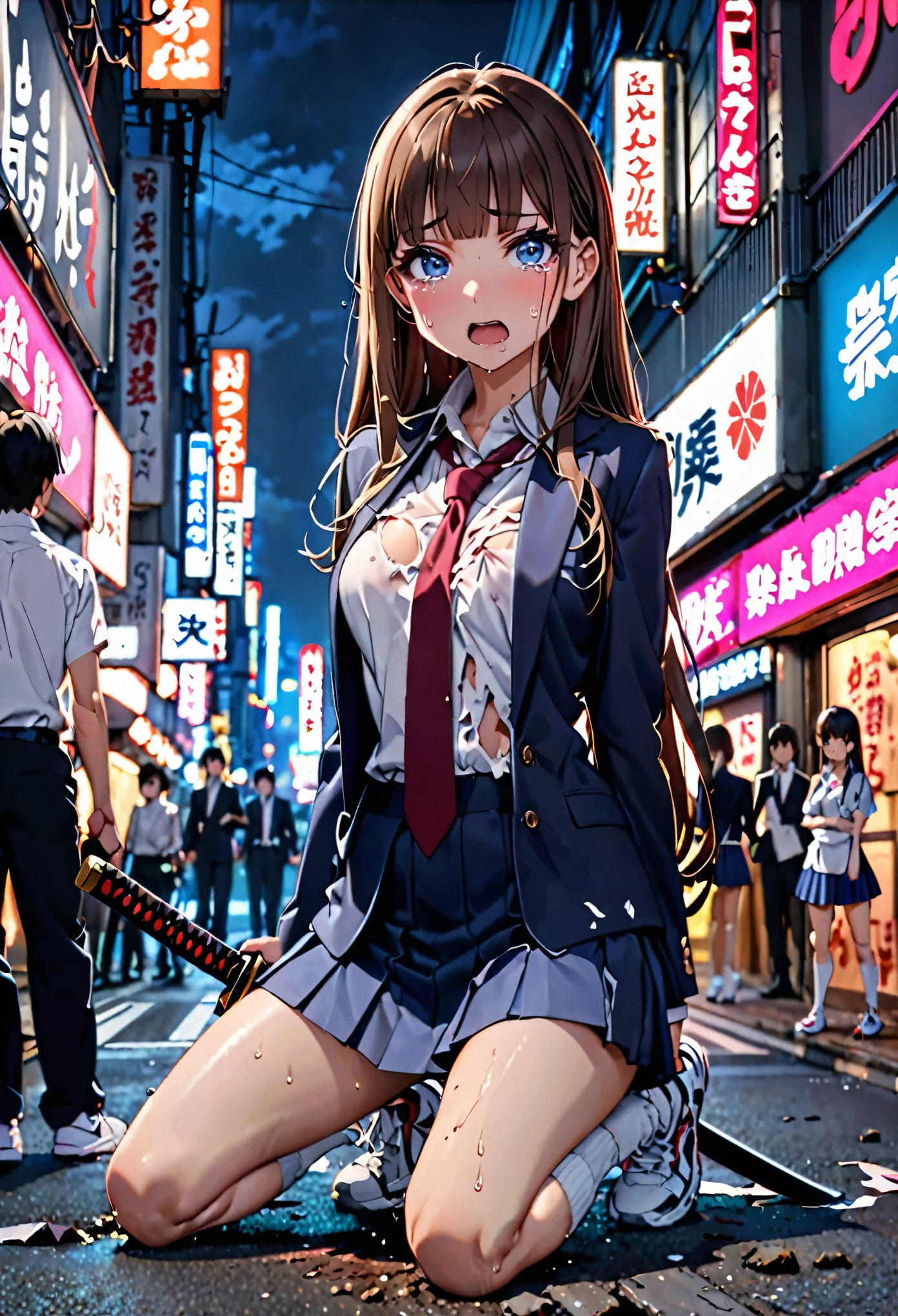 (high quality anime, 8k,masterpiece,Perfect Anatomy),cowboy shot,1 female,(beautiful detailed face and eyes,big gorgeous eye),blue eyes,Painful expression、tears,The perfect 20 years old, Japanese、Female Swordsman、Brown Hair、Straight hair,long hair,blunt bangs,medium breasts,small face:1.5,slender body,skinny,(sweat:1.3),Torn clothing、、Dark blue blazer jacket、white formal shirt、Red tie、Navy blue pleated mini skirt、White sneakers、A Japanese sword stuck in the ground、Injured、kneeling,on street,Shibuya、Tokyo、Outdoor、at night、Neon lights、