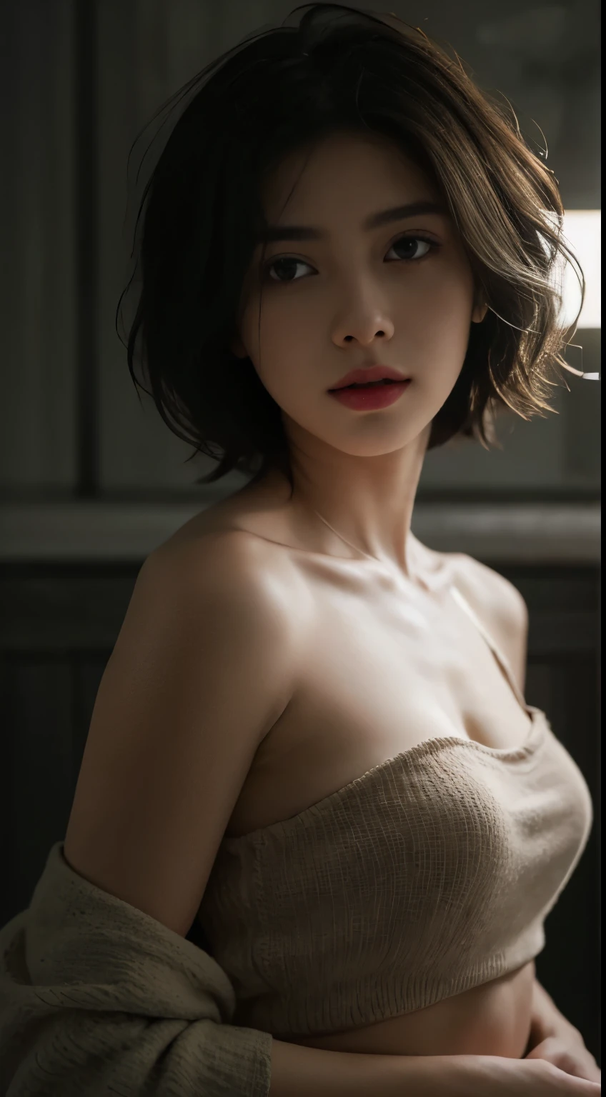 Best quality, masterpiece, ultra high res, (photorealistic:1.5), raw photo, 1girl, offshoulder, in the dark, deep shadow, low key, cold light, sexy look, short hair, underwear