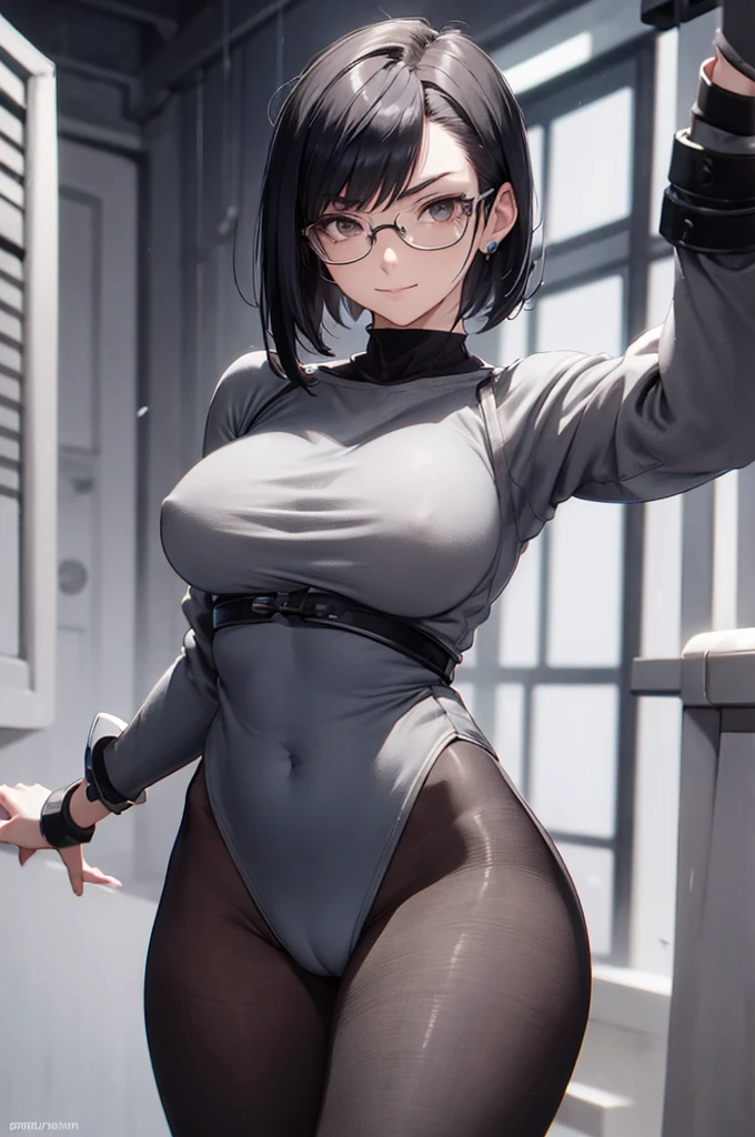 solo, masterpiece, best quality, agrias, grey sweater, black leotard, standing, looking at viewer, short hair,oculos,evil smile, evil look, juri han,luvas preta,roupa azul,yandere rosto,low lighting,coxa sarada copo detalhado,olhando para frente