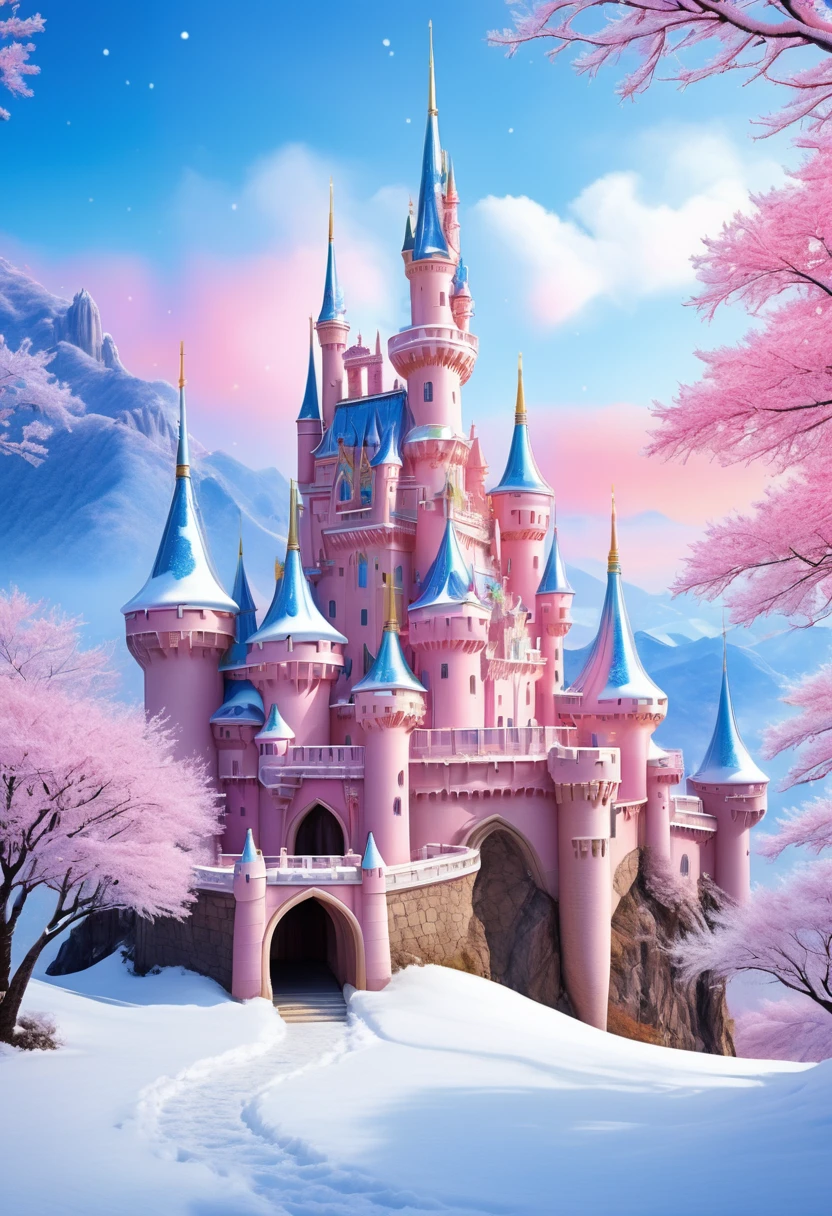 Dream Castle，Castle in fireworks，Castle with wings，Flying castle，Castle in the sky。Rainbow Castle，Pink Space，Princess的脸出现在空中，winter landscape，Surreal wonderland，Dreamy clouds floating on the fairy island，(Big Snowflake:1.3)，五颜六色的Big Snowflake飞舞，Princess&#39;The palace is covered with snow，The tree of life blooms with infinite vitality，Twinkling stars in the night sky，Heavy clouds and fog，Whimsical fantasy landscape art, Fine Art Ultra HD 8K, 8K Fine Digital Art, Beautiful and detailed fantasy, Epic dreamlike fantasy landscape, Mysterious fantasy scenery, The magical fantasy is rich in details, Magical scenery, 由Big Snowflake和奇幻漂浮的仙岛组成, Detailed fantasy digital art, 8K Fine Digital Art