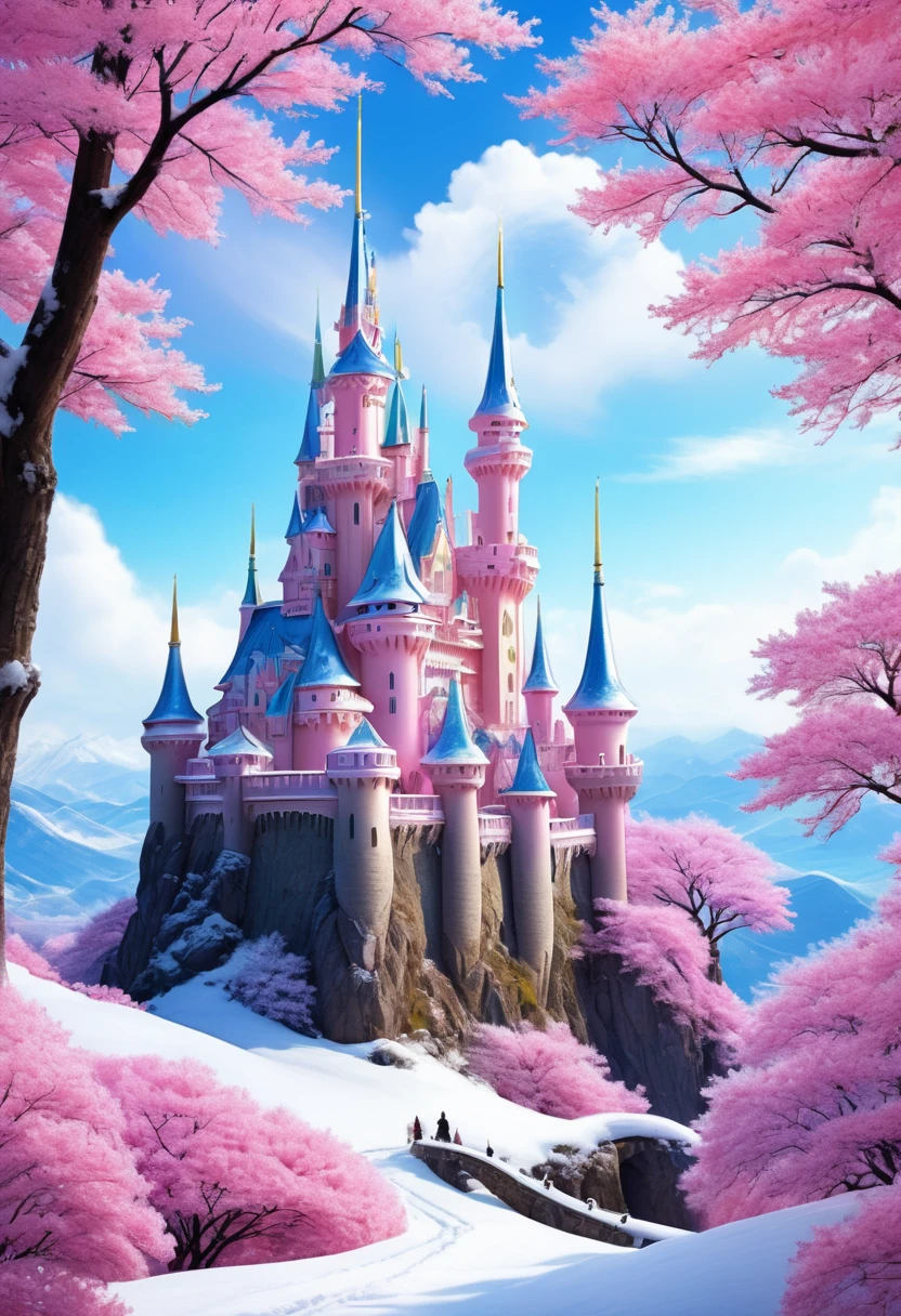 Dream Castle，Castle in fireworks，Castle with wings，Flying castle，Castle in the sky。Rainbow Castle，Pink Space，Princess的脸出现在空中，winter landscape，Surreal wonderland，Dreamy clouds floating on the fairy island，(Big Snowflake:1.3)，五颜六色的Big Snowflake飞舞，Princess&#39;The palace is covered with snow，The tree of life blooms with infinite vitality，Twinkling stars in the night sky，Heavy clouds and fog，Whimsical fantasy landscape art, Fine Art Ultra HD 8K, 8K Fine Digital Art, Beautiful and detailed fantasy, Epic dreamlike fantasy landscape, Mysterious fantasy scenery, The magical fantasy is rich in details, Magical scenery, 由Big Snowflake和奇幻漂浮的仙岛组成, Detailed fantasy digital art, 8K Fine Digital Art