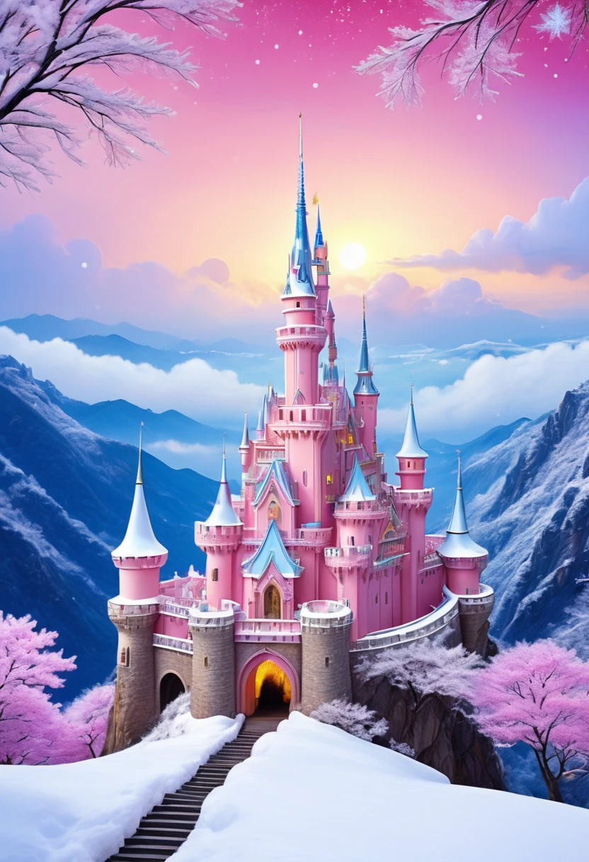 Dream Castle，Castle in fireworks，Castle with wings，Flying castle，Castle in the sky。Rainbow Castle，Pink Space，Princess的脸出现在空中，winter landscape，Surreal wonderland，Dreamy clouds floating on the fairy island，(Big Snowflake:1.3)，五颜六色的Big Snowflake飞舞，Princess&#39;The palace is covered with snow，The tree of life blooms with infinite vitality，Twinkling stars in the night sky，Heavy clouds and fog，Whimsical fantasy landscape art, Fine Art Ultra HD 8K, 8K Fine Digital Art, Beautiful and detailed fantasy, Epic dreamlike fantasy landscape, Mysterious fantasy scenery, The magical fantasy is rich in details, Magical scenery, 由Big Snowflake和奇幻漂浮的仙岛组成, Detailed fantasy digital art, 8K Fine Digital Art