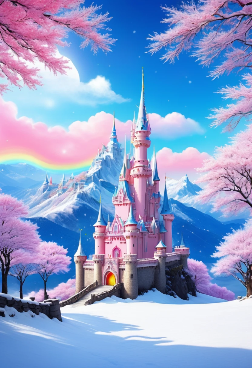 Dream Castle，Castle in fireworks，Castle with wings，Flying castle，Castle in the sky。Rainbow Castle，Pink Space，Princess的脸出现在空中，winter landscape，Surreal wonderland，Dreamy clouds floating on the fairy island，(Big Snowflake:1.3)，五颜六色的Big Snowflake飞舞，Princess&#39;The palace is covered with snow，The tree of life blooms with infinite vitality，Twinkling stars in the night sky，Heavy clouds and fog，Whimsical fantasy landscape art, Fine Art Ultra HD 8K, 8K Fine Digital Art, Beautiful and detailed fantasy, Epic dreamlike fantasy landscape, Mysterious fantasy scenery, The magical fantasy is rich in details, Magical scenery, 由Big Snowflake和奇幻漂浮的仙岛组成, Detailed fantasy digital art, 8K Fine Digital Art