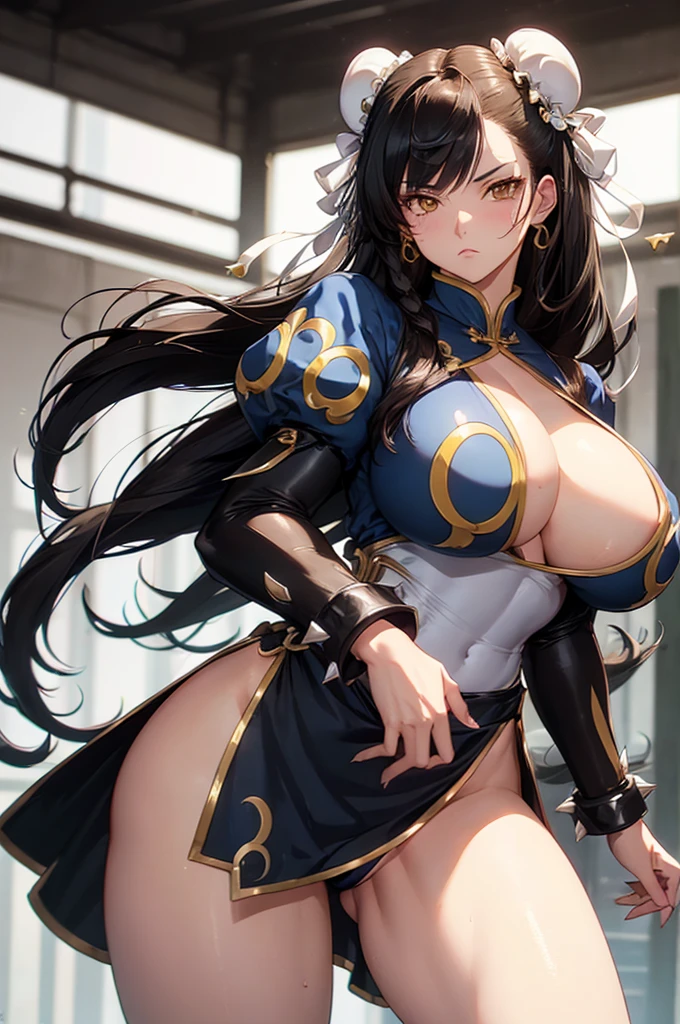 (1girl), black hair, extremely long hair, yellow eyes, (((muscular))), (huge breasts), (thick thighs), solo, angry, (pale skin), cowboy shot, (school uniform)chun li