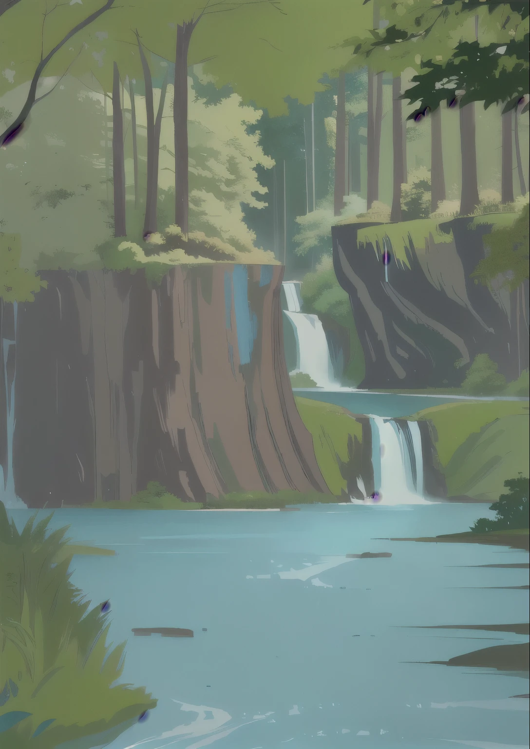 there is a picture of a painting of a river and trees, forest and river, with trees and rivers, landscape illustration, forest with lake, . background: jungle river, forest setting, forest and waterfall, river in a forest, random forest landscape, with trees and waterfalls, detailed trees and cliffs, woodland background, wooded environment, animation still, an abstract tropical landscape