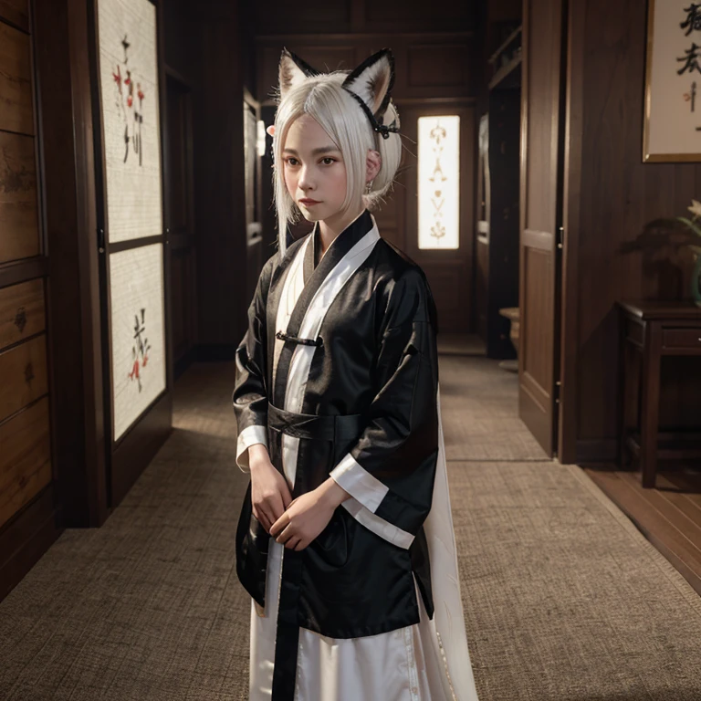 ((4K,masterpiece,best quality)), Bisim, Traditional Chinese ink painting, lotus, Hanfu, maxiskit, Dress conservatively 1 Boy, Solitary, White hair, Fox ears, White, fish, many fish near boy, Look at the audience, tease,Sister Shota,maple