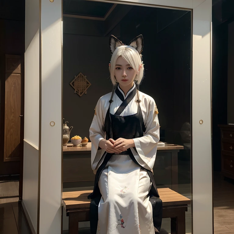 ((4K,masterpiece,best quality)), Bisim, Traditional Chinese ink painting, lotus,  Hanfu, maxiskit, Dress conservatively 1 Boy, Solitary, White hair, Fox ears, White,  fish, many fish near boy, Look at the audience, tease,Sister Shota,maple