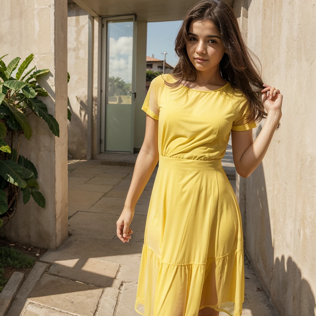 adolescente de vestido rosa transparente curto posando fundo amarelo