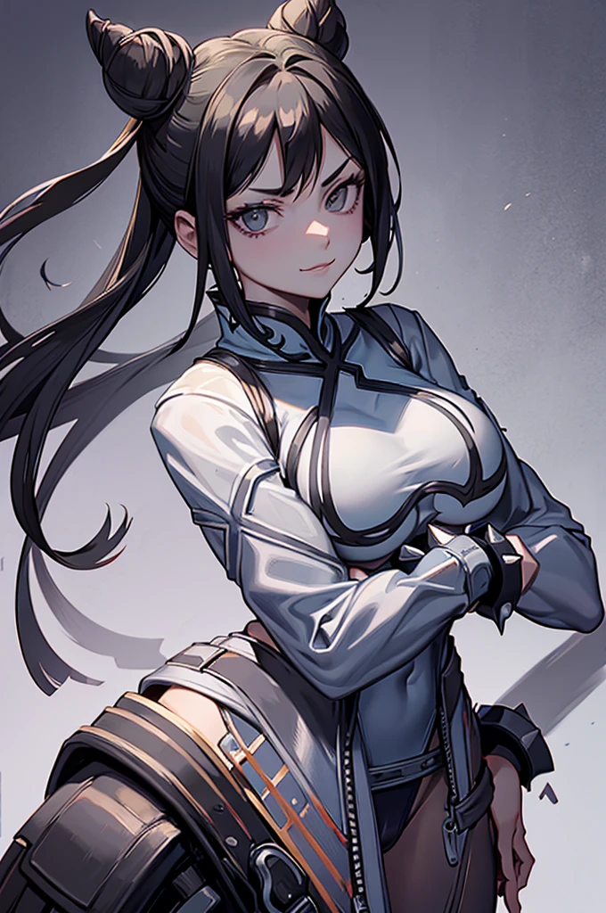 solo, masterpiece, best quality, agrias, grey sweater, black leotard, standing, looking at viewer, short hair,oculos,evil smile, evil look, juri han,luvas preta,roupa azul,yandere rosto,low lighting,coxa sarada copo detalhado,olhando para frente